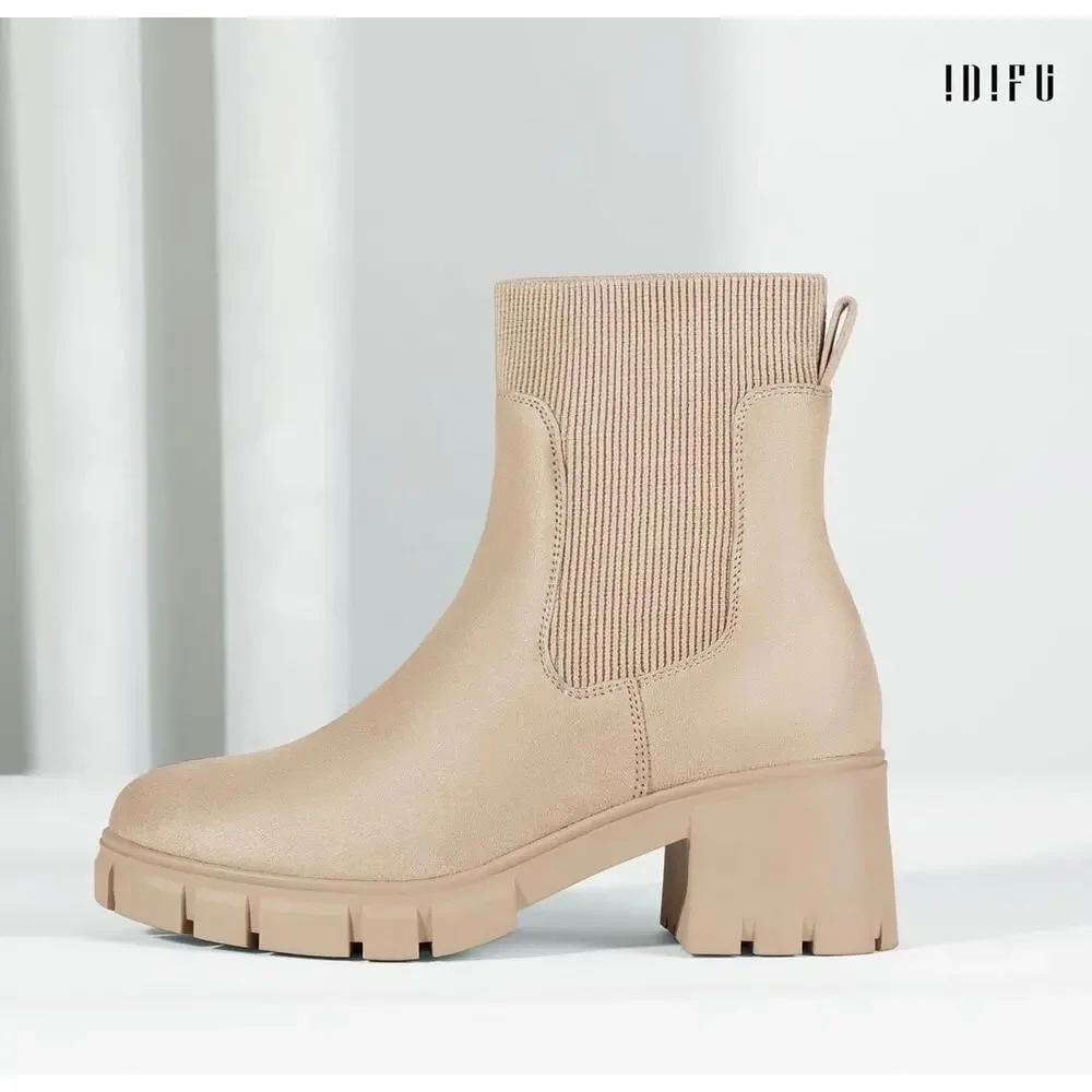 IDIFU Women's Nude Chelsea Slip On Platform Ankle Boots with Chunky Block Heel